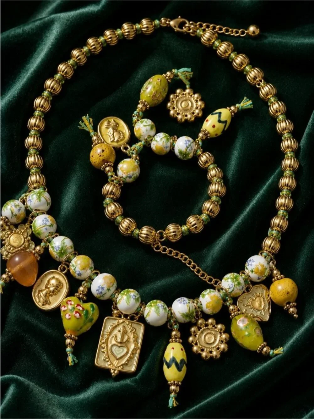 Gold-tone Necklace with Green, Yellow and White Beaded Charms